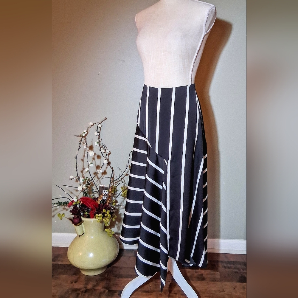 Black & White Striped "Silky Flowy" Skirt - Asymmetrical Bias Hem - 2